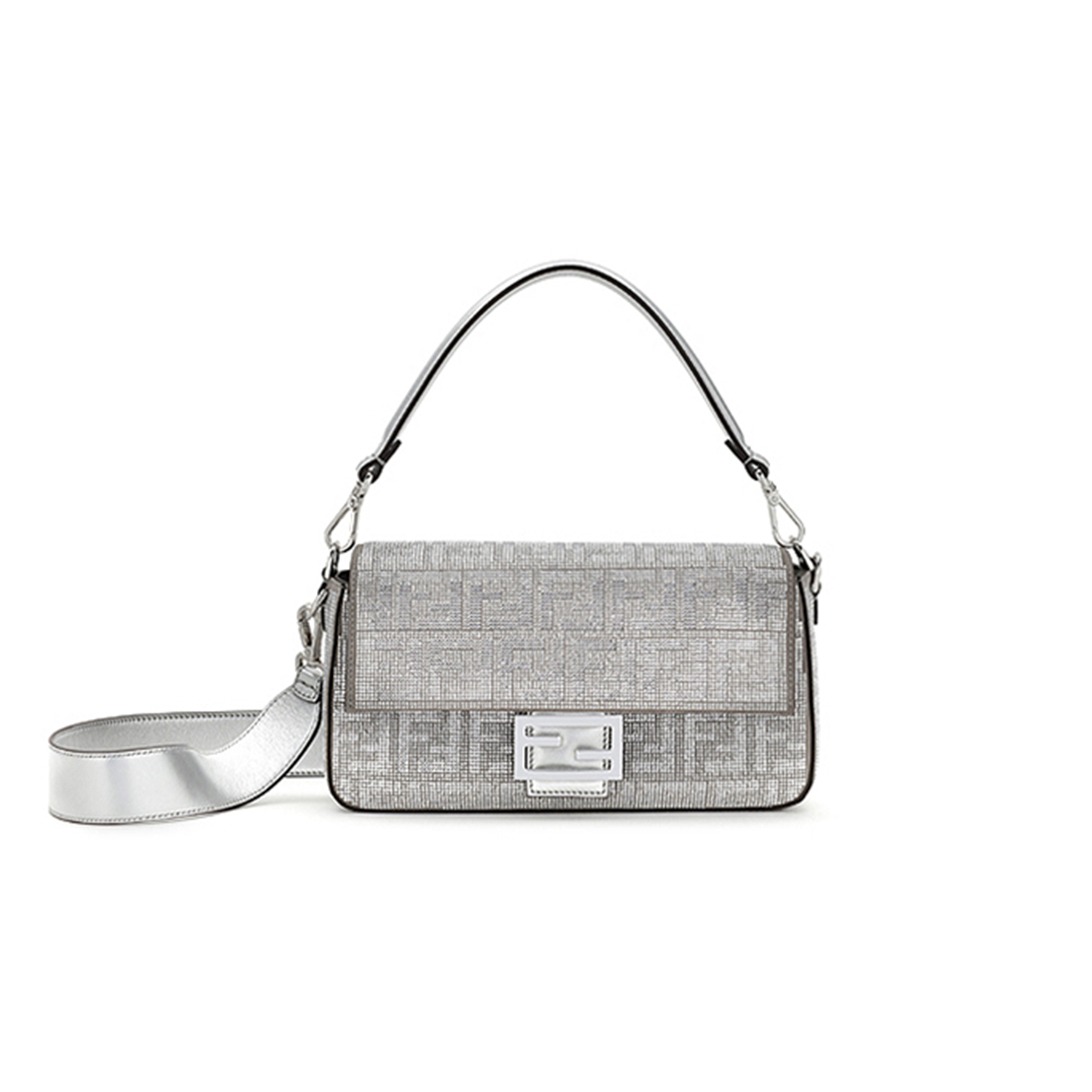 FENDI CRYSTAL VITELLO LAMINATO FF MEDIUM BAGUETTE CRYSTAL ARGENTO 8BR600APKFF1JSU (27*15*6cm)
